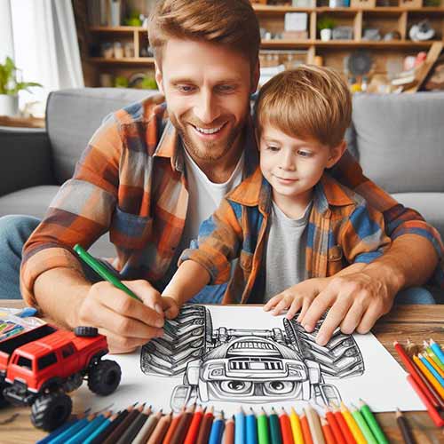 father-son-coloring-in-monster-truck-coloring-book