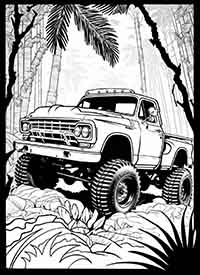 monster truck in a jungle setting coloring page