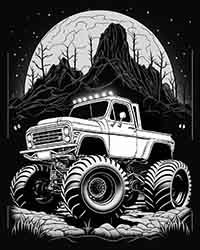 monster truck in a scary halloween type landscape coloring page