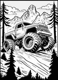 monster truck in the rugged mountains coloring page