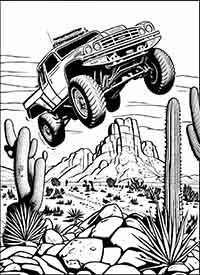 jumping monster truck in desert coloring page