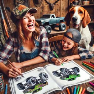 mom-and-daughter-coloring-monster-trucks