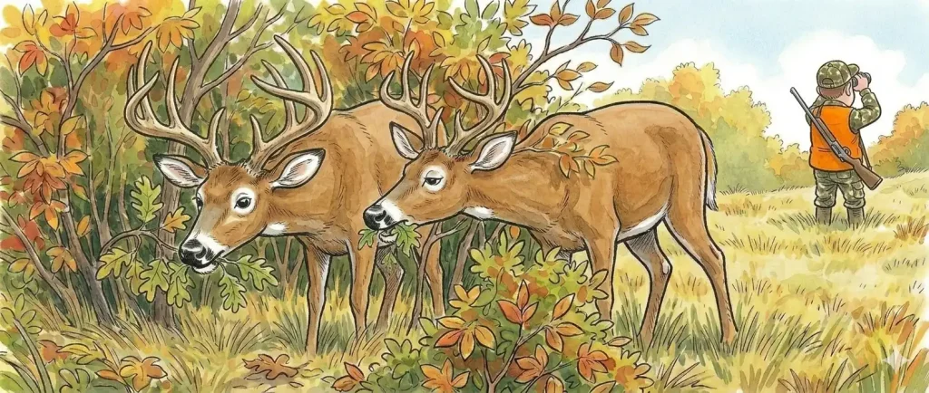 An illustration of two white-tailed bucks browsing (feeding) in the woods.