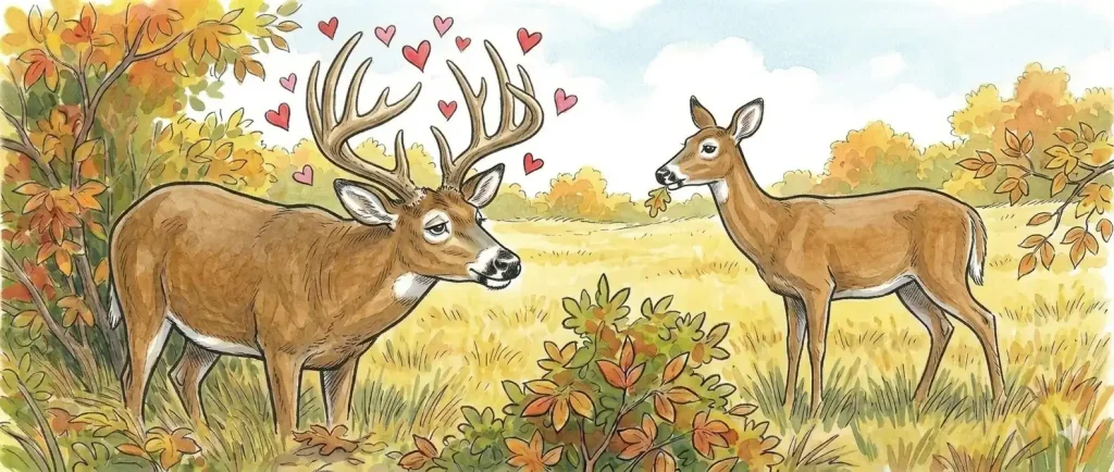 Hunt the Rut Phases. An illustration of a whitetail buck approaching a whitetail doe during the rut.